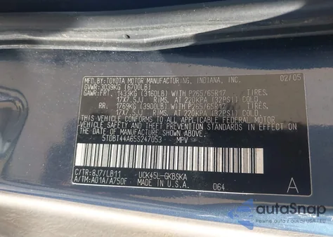 2005 Toyota Sequoia Sr5 V8 z USA, uszkodzony, nr VIN 5TDBT44A65S247053